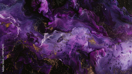 Twilight violet marble ink dancing amidst a somber abstract canvas, illuminated by subdued glitters. photo