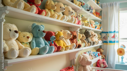 A cheerful nursery adorned with shelves lined with colorful teddy bear plush toys of various sizes adding a playful touch to the room's decor 