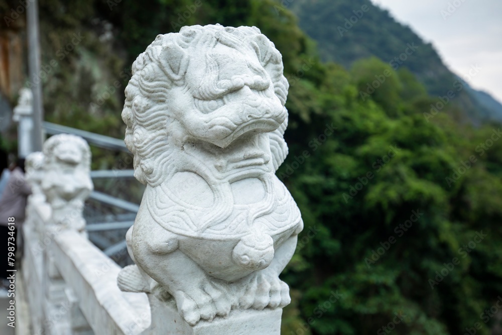 Taiwan, Hualien, Taroko, Sand Card Walk, Bridge Pier, Stone Carving Lion, Taiwan, Hualien, Taroko, Sand Card Walk, Bridge Pier, Stone Carving Lion,