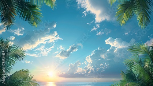 tropical summer background with palm tree on sunny sky