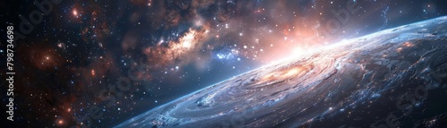 Spacethemed wallpaper showing a distant galaxy with stars and planets