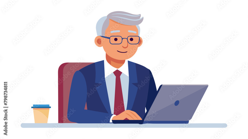 Mature busy professional businessman looking at laptop working in office. Older male executive manager, simplistic flat vector illustration, white background, isolated