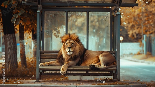 A lion is laying on a bench next to a bus photo