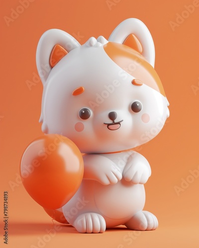 Adorable 3d-rendered baby cat with cute expressions holding an orange balloon against a soft peach background, epitomizing minimal elegance