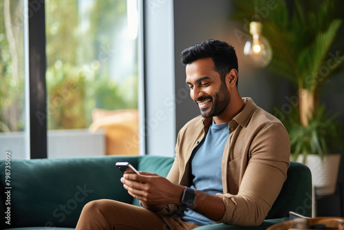 young indian man using smartphone and laughing