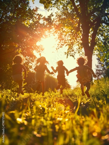 Playful silhouettes of children jumping in a park  late afternoon sun casting playful shadows  joyful and carefree