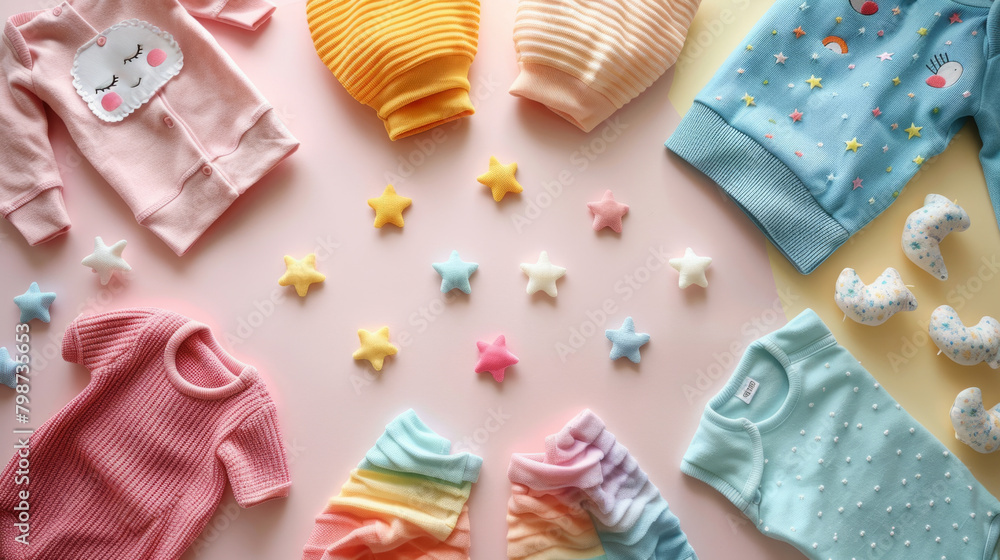 Vibrant and adorable baby outfits elegantly displayed on a cozy pastel blanket, perfect for a stylish newborn photo shoot or a thoughtful baby shower gift. Vibrant and adorable baby outfits elegantly displayed on a cozy pastel blanket, perfect for a stylish newborn photo shoot or a thoughtful baby shower gift.