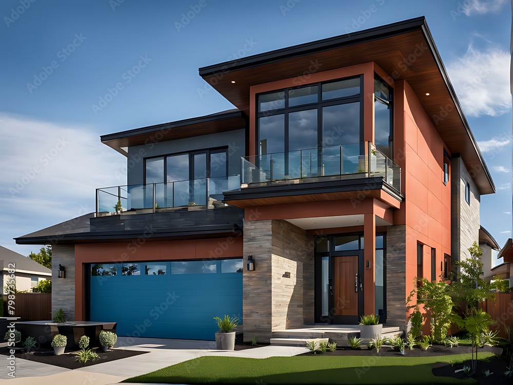  The typical exterior appearance of a freshly constructed contemporary suburban residence is against a vibrant blue sky. 