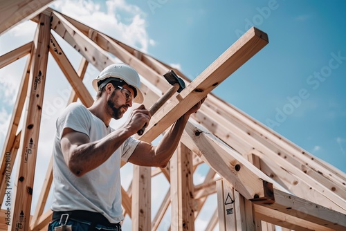 A carpenter is hammering wood on a wooden building structure under a cloudy sky
