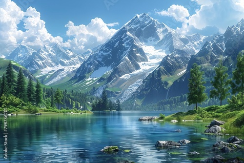 Serene mountain landscape with snowcapped peaks and a crystalclear lake  ideal for a refreshing background illustration