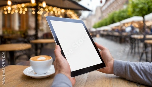 Tablet held by Man in a Cafe - Mockup for Application or Web Design - Template for Presentation of Graphic Design - Corporate Representation at Consumers