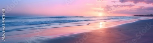 Serene beach scene at sunset with soft pastel colors and reflections in the water, ideal for a calming background