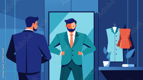 In a spacious dressing room a man admires himself in the mirror satisfied with the perfect fit of his customtailored suit..