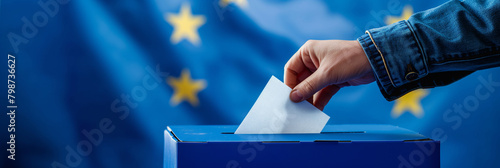 Hand holding ballot paper for election vote concept. elections, The hand of woman putting her vote in the ballot box. on european union flag background.