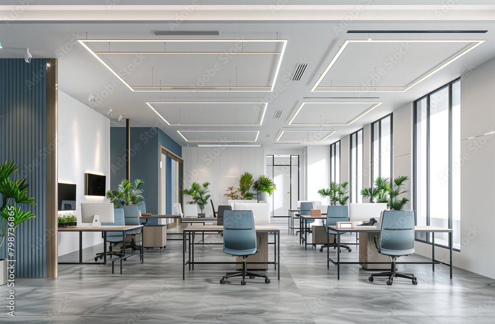 Modern white and blue open space office interior Modern white and blue open space office interior
