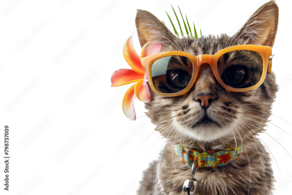 Happy smile kitty Cat wear sunglasses with summer season costume isolated on background, pets summer, lovely cat, holiday vacation.