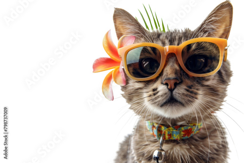 Happy smile kitty Cat wear sunglasses with summer season costume isolated on background  pets summer  lovely cat  holiday vacation.