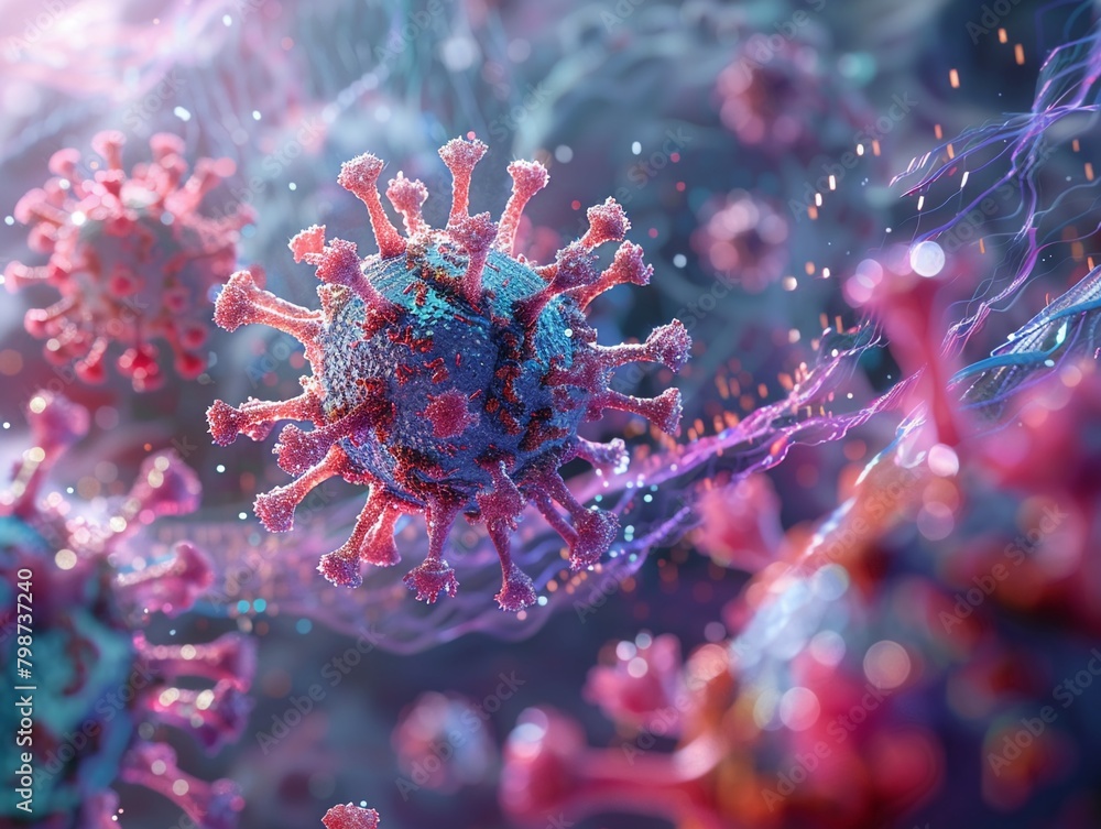 A virus interacting with a human cell receptor, demonstrating the initial step of infection, soft shadowns A virus interacting with a human cell receptor, demonstrating the initial step of infection, soft shadowns