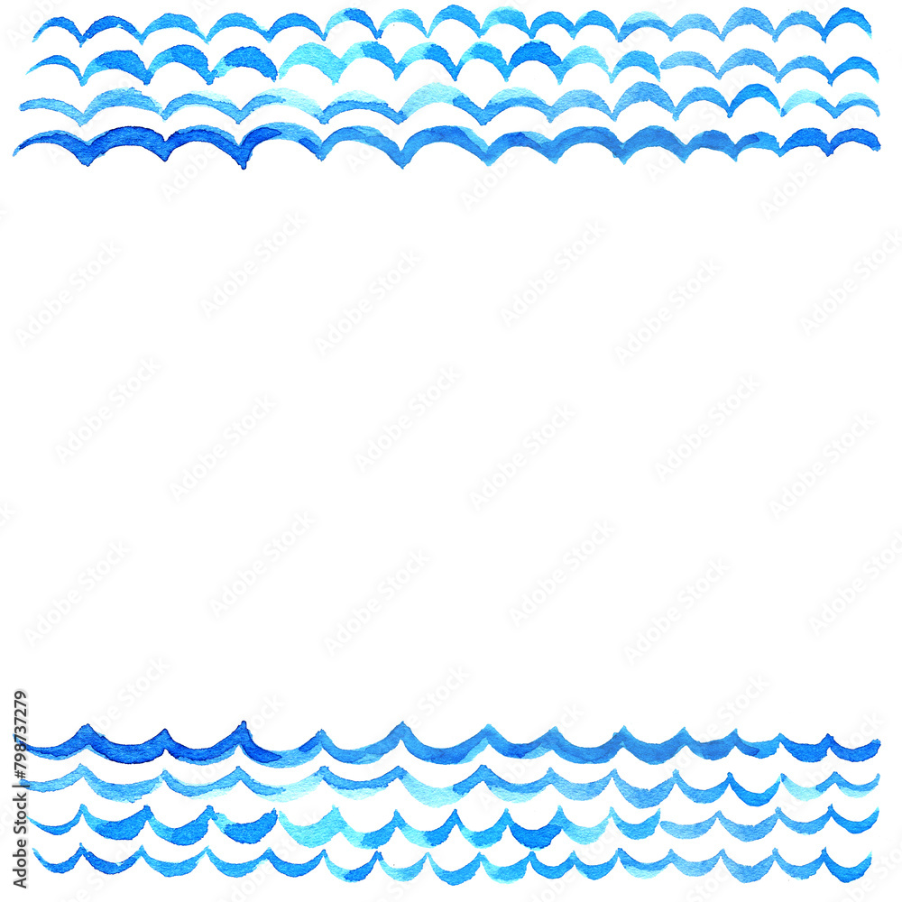 watercolor blue gradient wave pattern, hand drawn wavy lines, frame of sea theme, vacation and tourist concept, for resort blogs, tourist card and posters