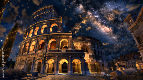 Starry Night at the Colosseum: Rome's Eternal Monument. The Roman Colosseum stands in majestic solitude under a star-studded sky, its ancient arches illuminated against the night.