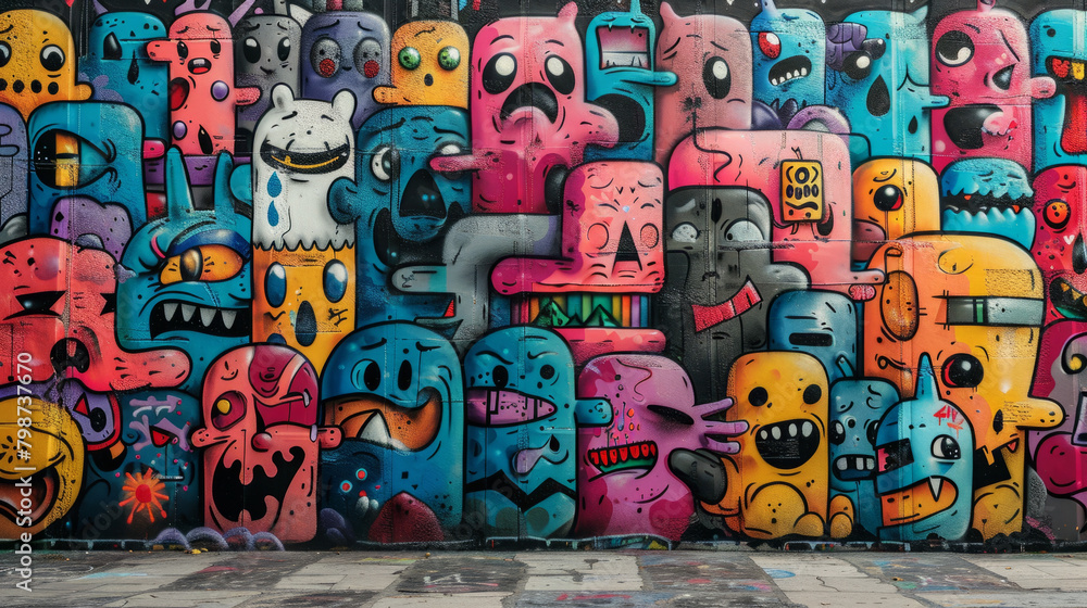 Vibrant graffiti art on a city park wall showcasing bold and expressive characters, adding color and life to the urban environment.