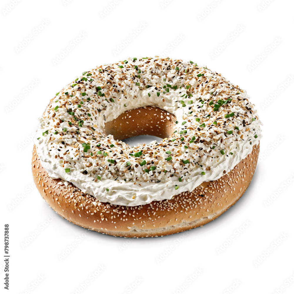 Multigrain bagel toasted and sliced with cream cheese spreading across the surface Food and culinary Multigrain bagel toasted and sliced with cream cheese spreading across the surface Food and culinary