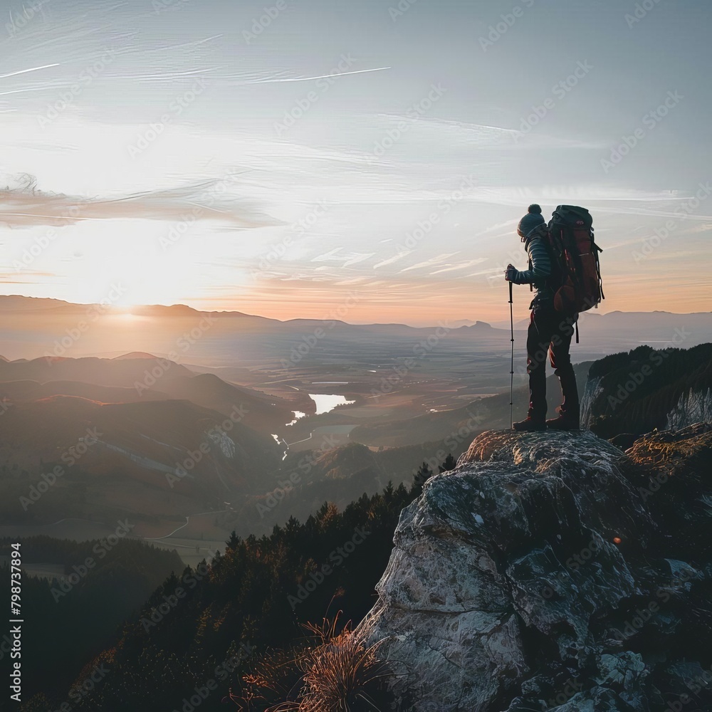 A man is standing on a mountain top with a backpack and a camera