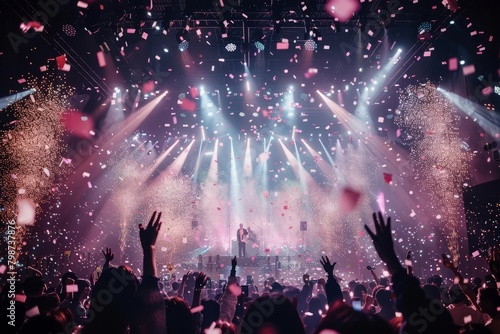Electrifying K-Pop Concert Finale with Stage Ablaze in Twinkling Lights and Confetti Shower