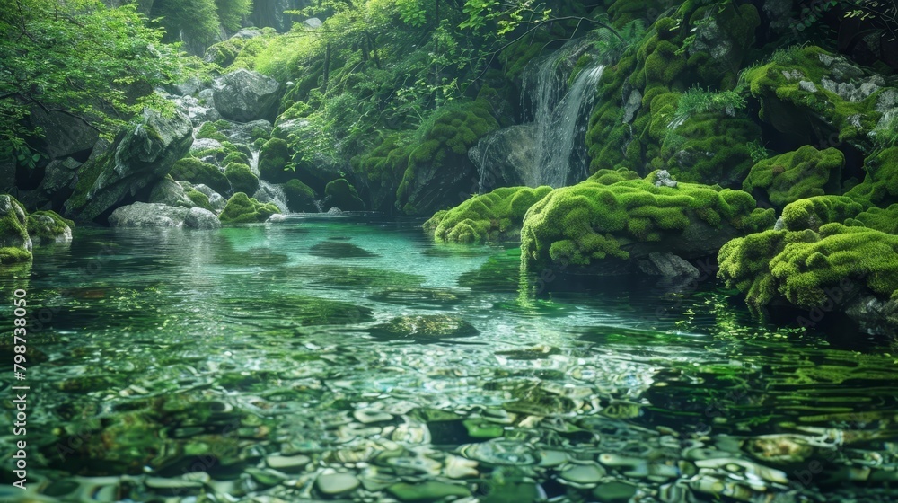 Enchanting Hidden Swimming Hole Surrounded by Lush Moss-Covered Rocks and Verdant Foliage in a Pristine Natural Landscape Enchanting Hidden Swimming Hole Surrounded by Lush Moss-Covered Rocks and Verdant Foliage in a Pristine Natural Landscape