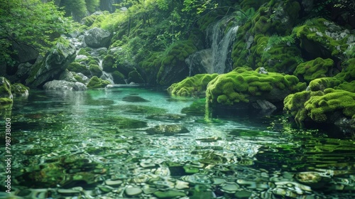 Enchanting Hidden Swimming Hole Surrounded by Lush Moss-Covered Rocks and Verdant Foliage in a Pristine Natural Landscape