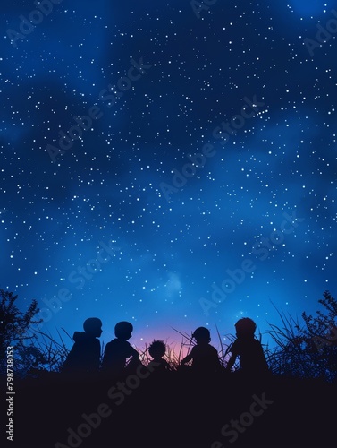 Children silhouette on grassy hill, gazing at stars under magical night sky, creates whimsical ambiance