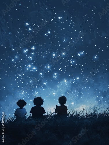 Children sit on grassy hill, gaze at stars, night sky, feel magical, whimsical aura