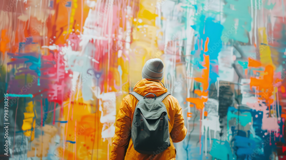 Obraz premium A robot artist creates vibrant mural in urban setting, bystanders observe in awe.