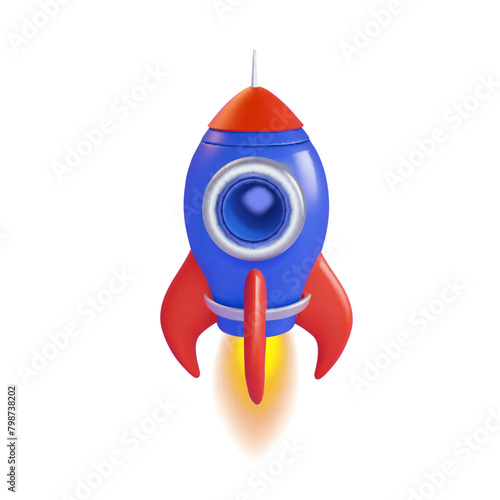 Spaceship rocket isolated 3d. Space exploration, start up .Toy rocket with fire.. Vector icon. Cartoon minimal style.