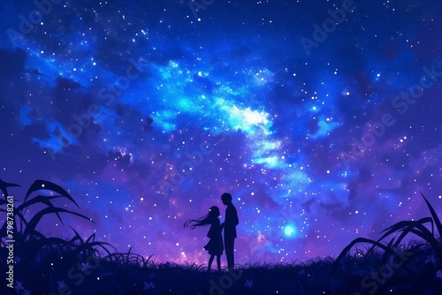 Romantic Anime Couple Stargazing: Watching the Night Sky Together, Anime Digital Art illustration for background wallpaper