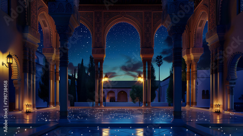 The interior of an ornate palace with intricate archways that frame a stunning sunset, casting a warm glow over the luxurious patterned carpets and serene landscape beyond. photo