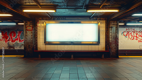 The juxtaposition of an empty poster frame in a dimly lit subway station against graffiti-covered walls  capturing urban decay and artistic expression.