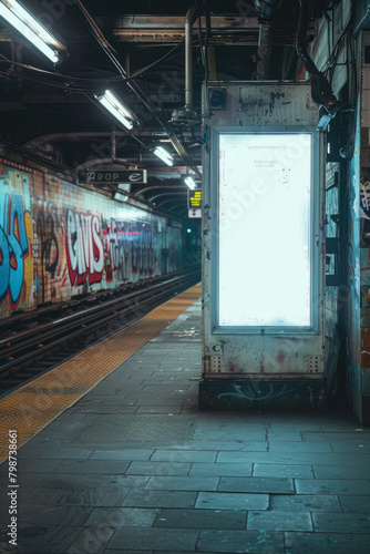 The contrast between an empty poster frame and vibrant graffiti in a dimly lit subway station captures the essence of urban art and expression in public spaces.