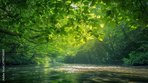 Lush Green Canopy Casting Dappled Sunlight on Flowing River Beneath