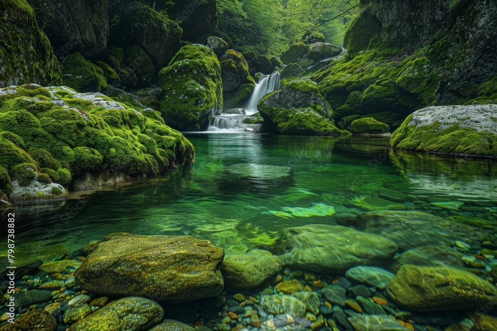 Mesmerizing Hidden Swimming Hole with Cascading Waterfall and Emerald Green Waters Surrounded by Verdant Mossy Rocks and Lush Foliage in Enchanting Mesmerizing Hidden Swimming Hole with Cascading Waterfall and Emerald Green Waters Surrounded by Verdant Mossy Rocks and Lush Foliage in Enchanting