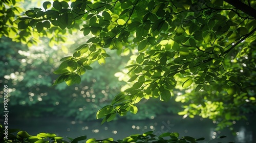 Lush Green Foliage Canopy Filtering Warm Sunlight onto a Serene River Below