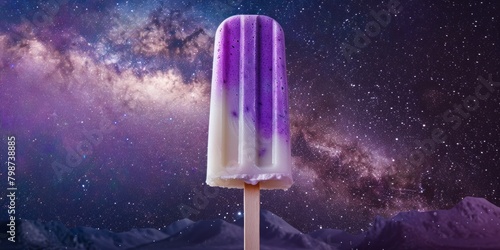 Blueberry flavored ice cream on a stick floating in space with stars and planets and space dust.