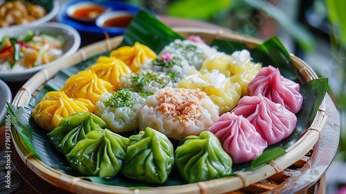 A plate of meticulously crafted Kanom Sam Pan Nee, threecolored dumplings , photo