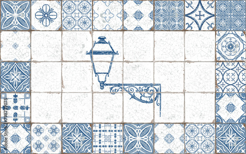Vintage street lamp side view.In the streets of an old European city in monochromatic colors blue and white chipped and scuffed.Isolated on white background watercolor illustration.For textiles,cards
