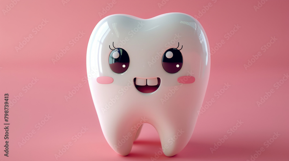 A cute 3D cartoon tooth character on pink background epitomizing dental health and hygiene in a playful way. A cute 3D cartoon tooth character on pink background epitomizing dental health and hygiene in a playful way.