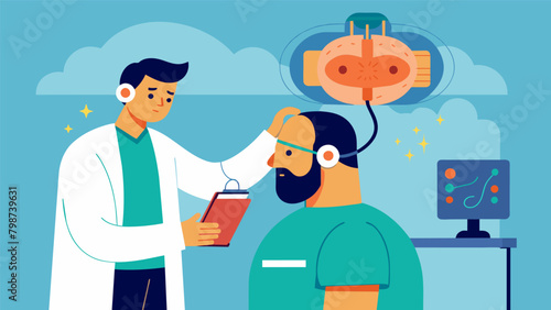 A technician equipped with a portable maintenance kit performs routine checkups on the brain implant of a patient ensuring its efficiency is not.