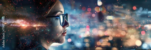 Business woman wearing glasses and science and technology background with city scape and digital overlay innovative background for successful business development photo