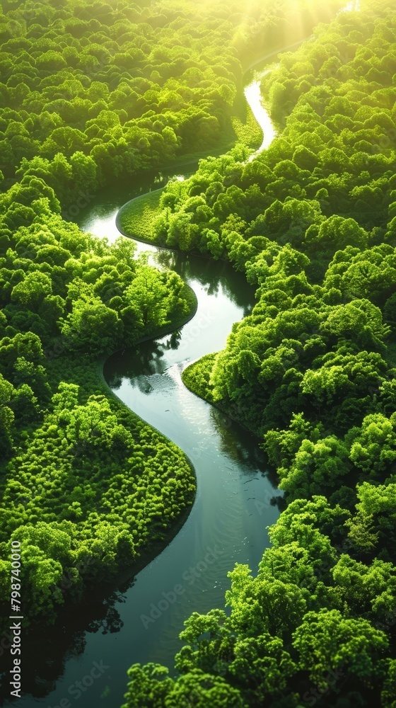 Serene Wilderness River Flowing Through Lush Green Forest Canopy with Sunlight Filtering Through Serene Wilderness River Flowing Through Lush Green Forest Canopy with Sunlight Filtering Through