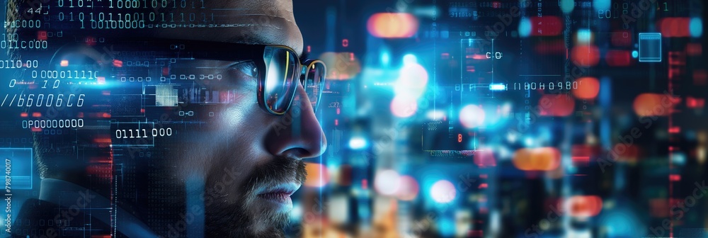 Business man wearing glasses and science and technology background with city scape and digital overlay innovative background for successful business development Business man wearing glasses and science and technology background with city scape and digital overlay innovative background for successful business development