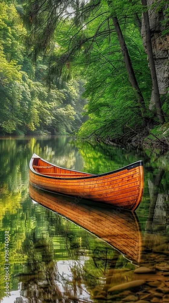 Serene Wooden Canoe Drifting on Tranquil Forest-Lined River Reflecting Verdant Foliage Serene Wooden Canoe Drifting on Tranquil Forest-Lined River Reflecting Verdant Foliage